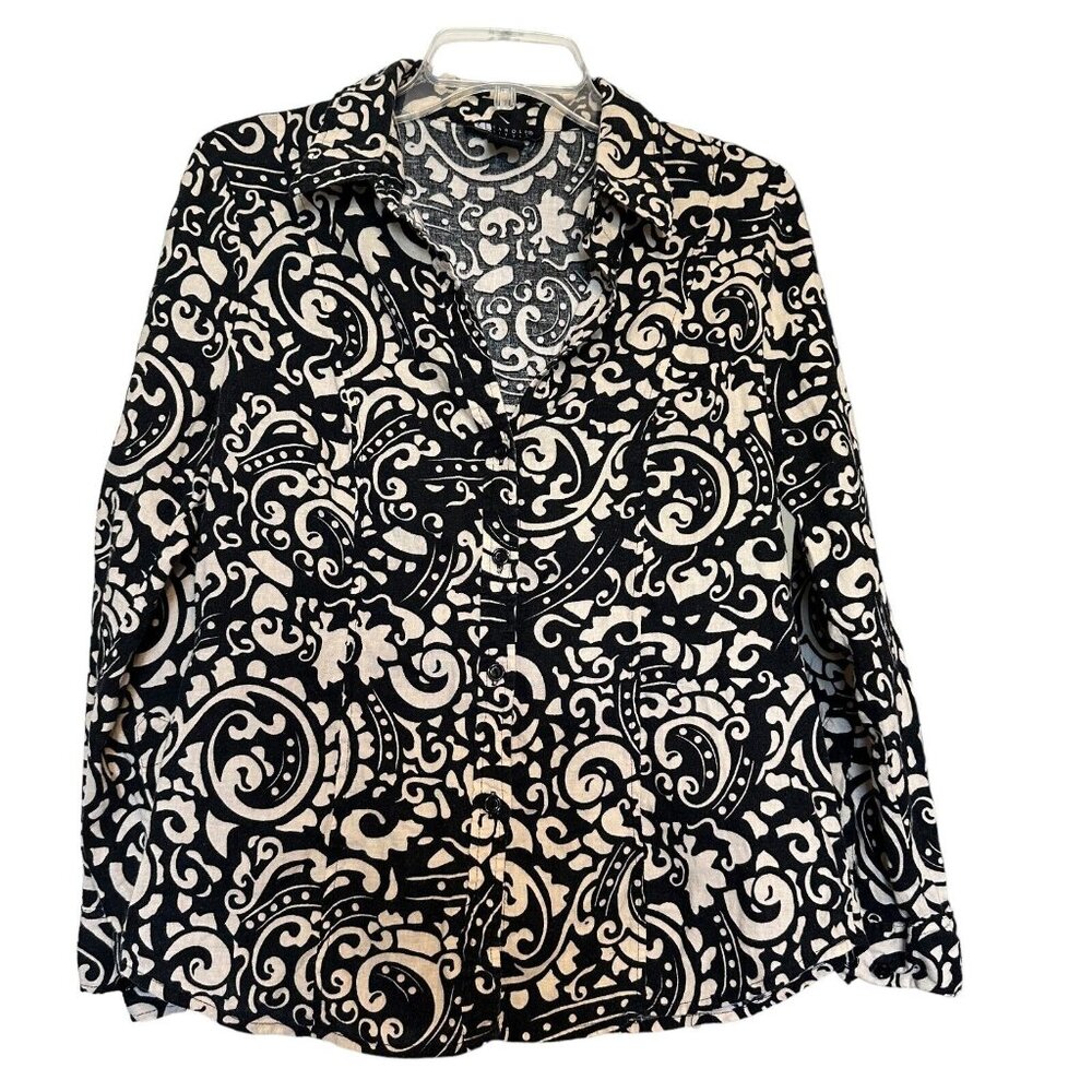 Carole Little Womens Shirt Black White L Woven Button Up Long Sleeve Lightweight